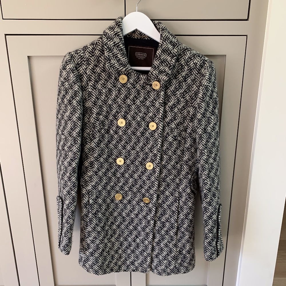 Coach Double Breasted Wool-Blend Tweed Coat, Size 4